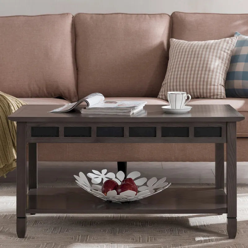 Rustic Slate Coffee Table with Display Shelf – Solid Wood, Compact Size