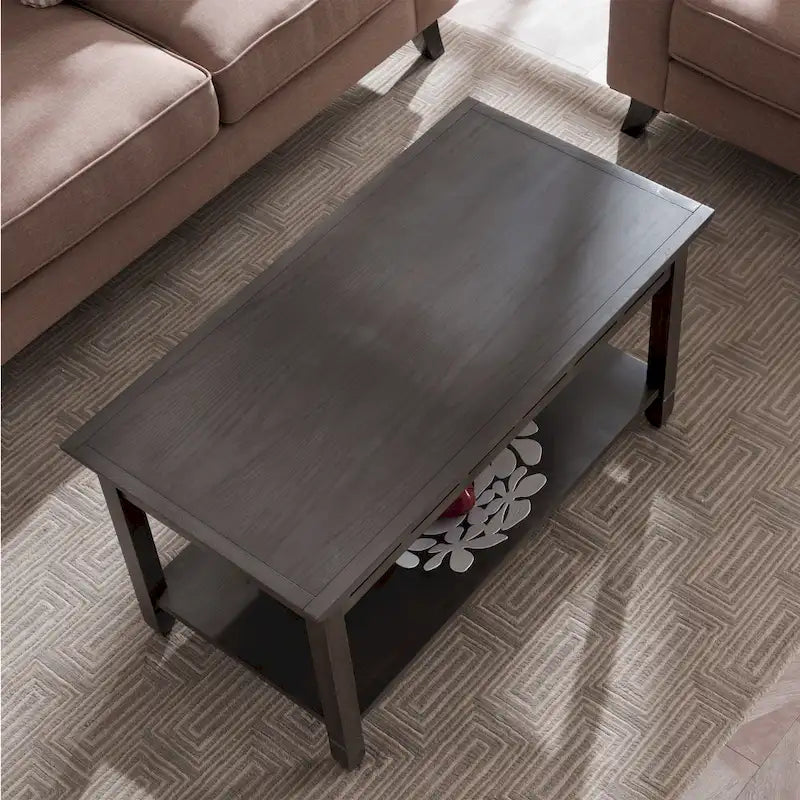 Rustic Slate Coffee Table with Display Shelf – Solid Wood, Compact Size