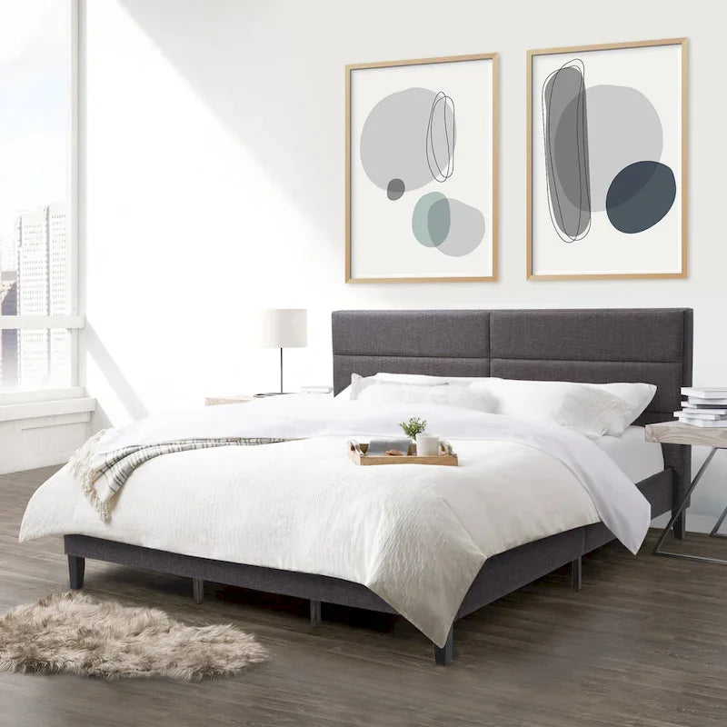 Bellevue Upholstered Tufted Panel Bed King – Solid Wood Legs, No Box Spring Needed