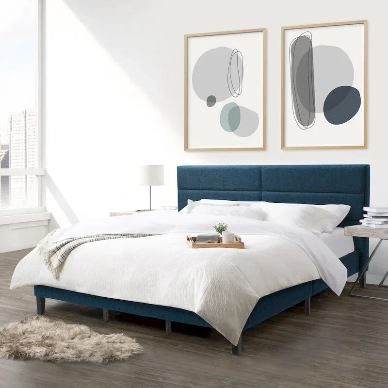 Bellevue Upholstered Tufted Panel Bed King – Solid Wood Legs, No Box Spring Needed