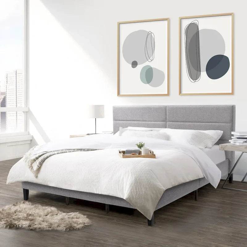 Bellevue Upholstered Tufted Panel Bed King – Solid Wood Legs, No Box Spring Needed