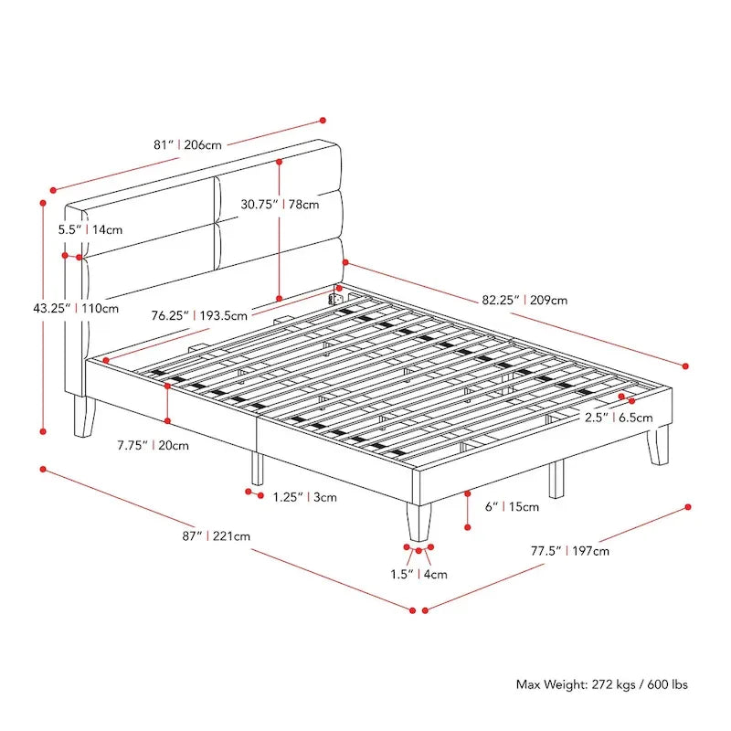 Bellevue Upholstered Tufted Panel Bed King – Solid Wood Legs, No Box Spring Needed