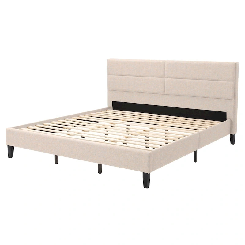 Bellevue Upholstered Tufted Panel Bed King – Solid Wood Legs, No Box Spring Needed
