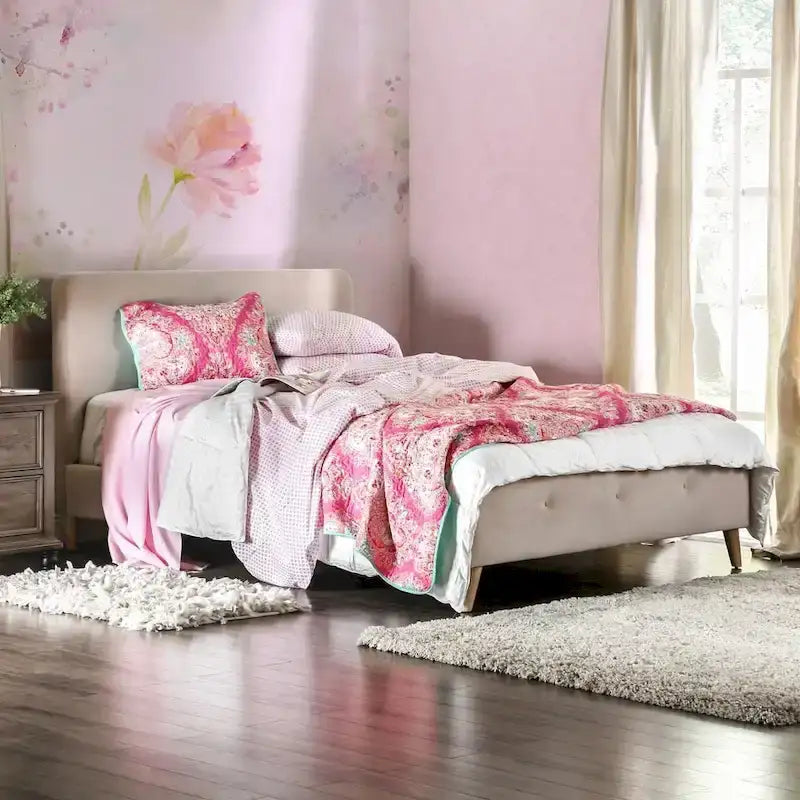 Mid-Century Modern Queen Fabric Platform Bed – Tufted Headboard, Flared Legs, 4 Colors
