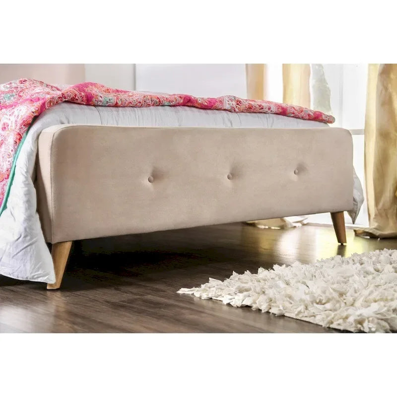 Mid-Century Modern Queen Fabric Platform Bed – Tufted Headboard, Flared Legs, 4 Colors