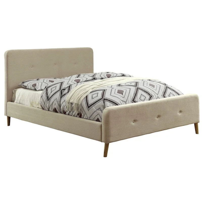 Mid-Century Modern Queen Fabric Platform Bed – Tufted Headboard, Flared Legs, 4 Colors