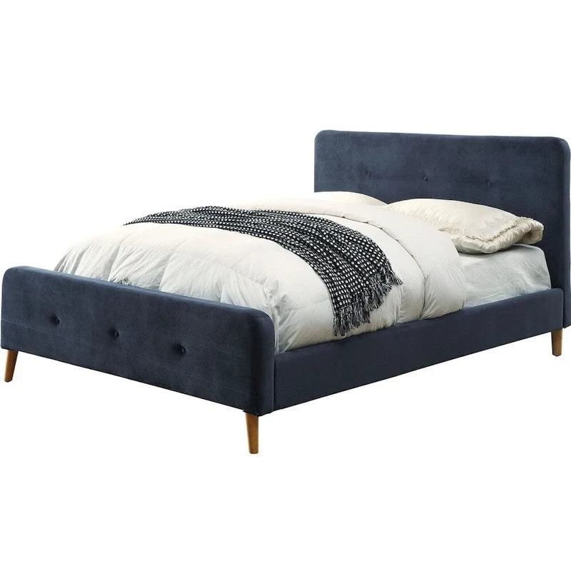 Mid-Century Modern Queen Fabric Platform Bed – Tufted Headboard, Flared Legs, 4 Colors