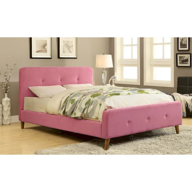 Mid-Century Modern Queen Fabric Platform Bed – Tufted Headboard, Flared Legs, 4 Colors