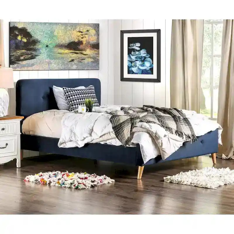 Mid-Century Modern Queen Fabric Platform Bed – Tufted Headboard, Flared Legs, 4 Colors