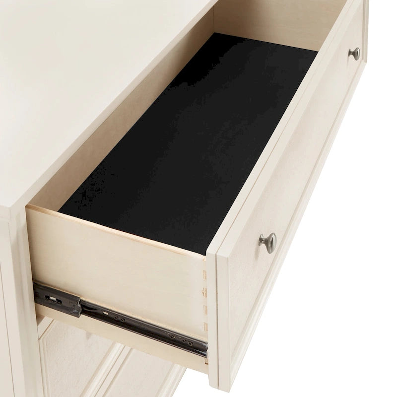White Finish 3-Drawer Dresser with Beige Linen Upholstered Drawer Faces & Soft-Close Glides