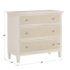 White Finish 3-Drawer Dresser with Beige Linen Upholstered Drawer Faces & Soft-Close Glides