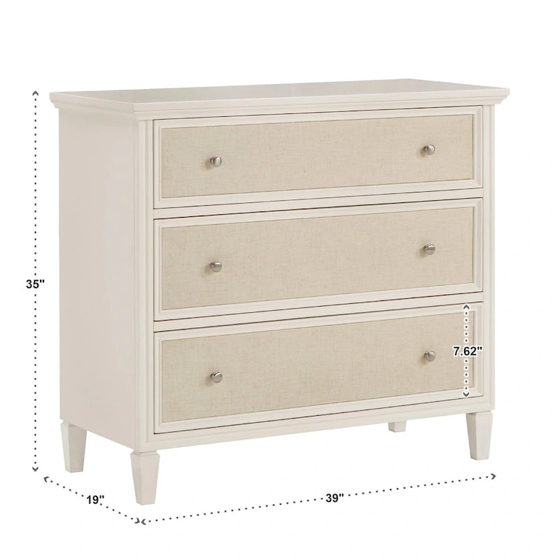 White Finish 3-Drawer Dresser with Beige Linen Upholstered Drawer Faces & Soft-Close Glides