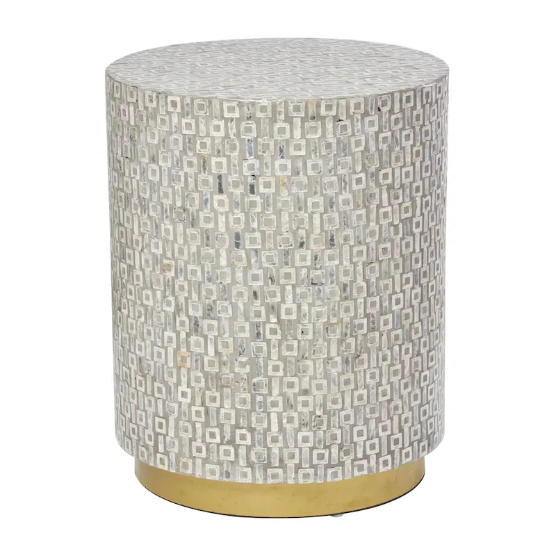 Mother of Pearl Shell Accent Table with Gold Base & Geometric Patterns – White, Gray or Black