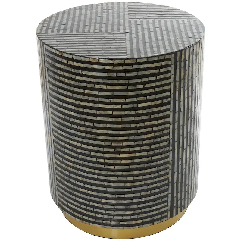 Mother of Pearl Shell Accent Table with Gold Base & Geometric Patterns – White, Gray or Black