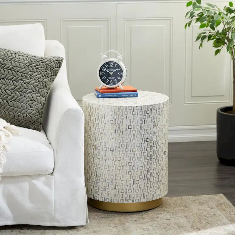 Mother of Pearl Shell Accent Table with Gold Base & Geometric Patterns – White, Gray or Black