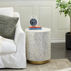 Mother of Pearl Shell Accent Table with Gold Base & Geometric Patterns – White, Gray or Black