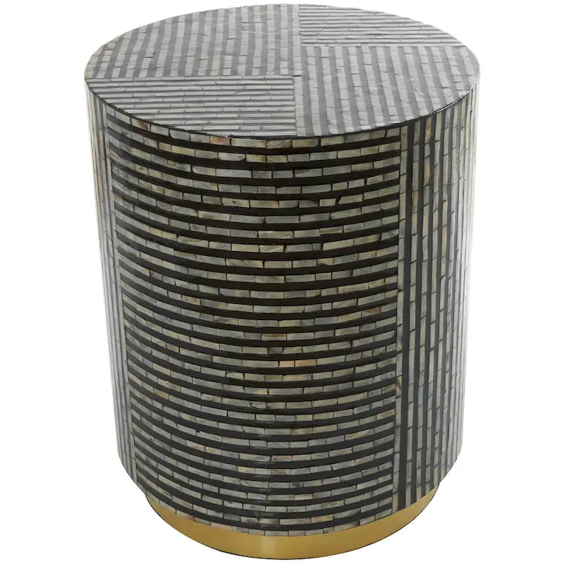 Mother of Pearl Shell Accent Table with Gold Base & Geometric Patterns – White, Gray or Black