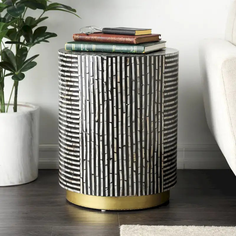 Mother of Pearl Shell Accent Table with Gold Base & Geometric Patterns – White, Gray or Black
