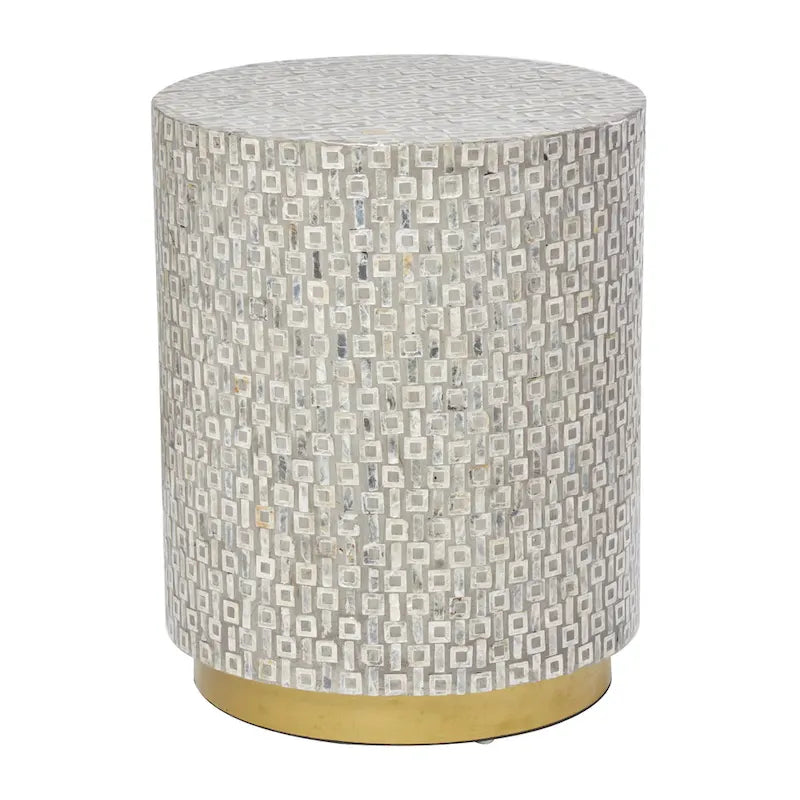 Mother of Pearl Shell Accent Table with Gold Base & Geometric Patterns – White, Gray or Black