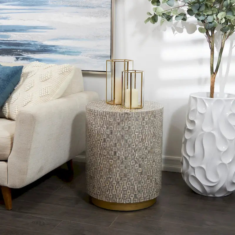 Mother of Pearl Shell Accent Table with Gold Base & Geometric Patterns – White, Gray or Black