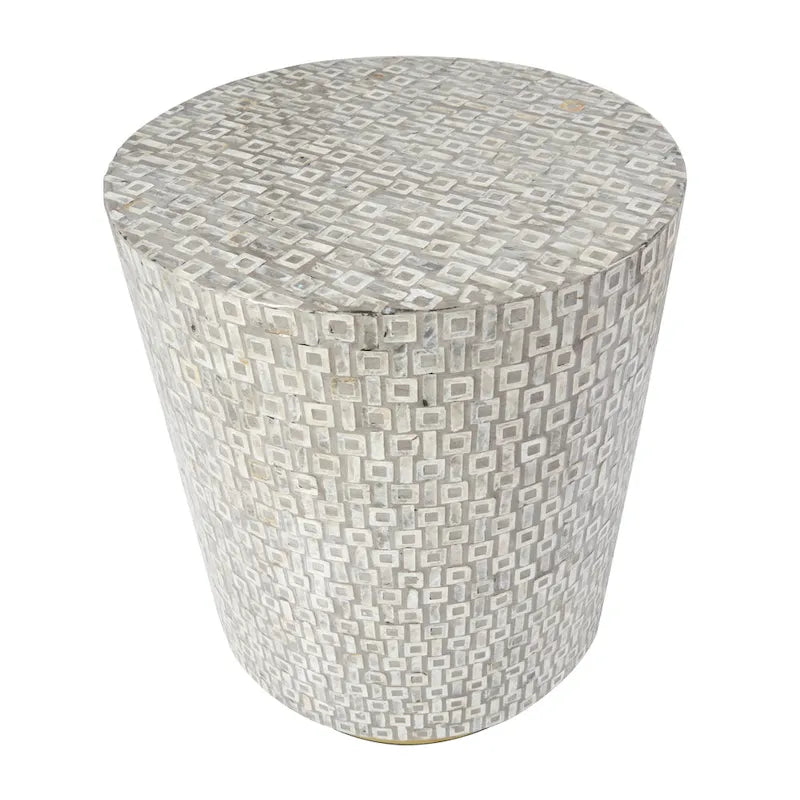 Mother of Pearl Shell Accent Table with Gold Base & Geometric Patterns – White, Gray or Black