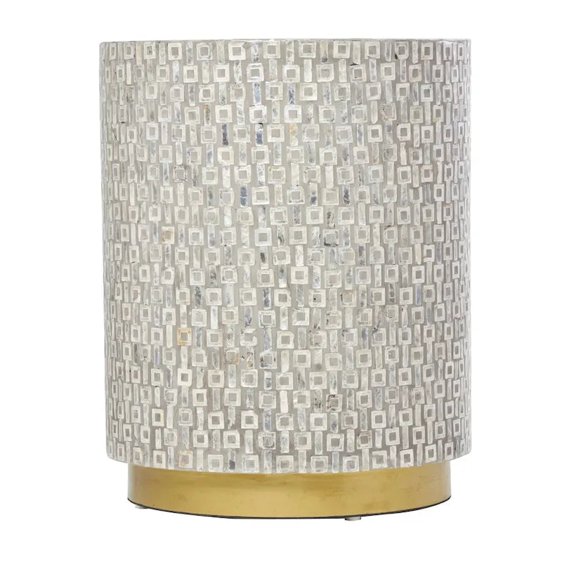 Mother of Pearl Shell Accent Table with Gold Base & Geometric Patterns – White, Gray or Black