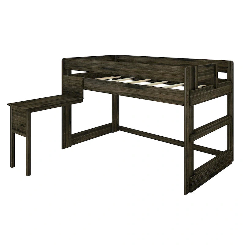 Modern Farmhouse Twin Low Loft Bed with Hook-On Desk – Solid Wood, 400 lb Capacity