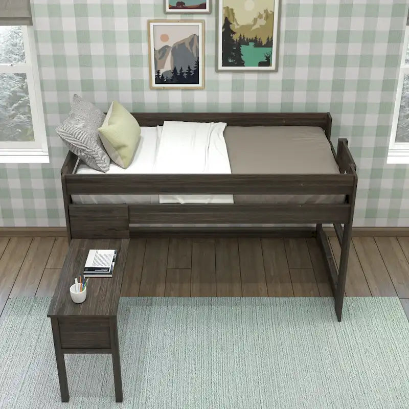 Modern Farmhouse Twin Low Loft Bed with Hook-On Desk – Solid Wood, 400 lb Capacity