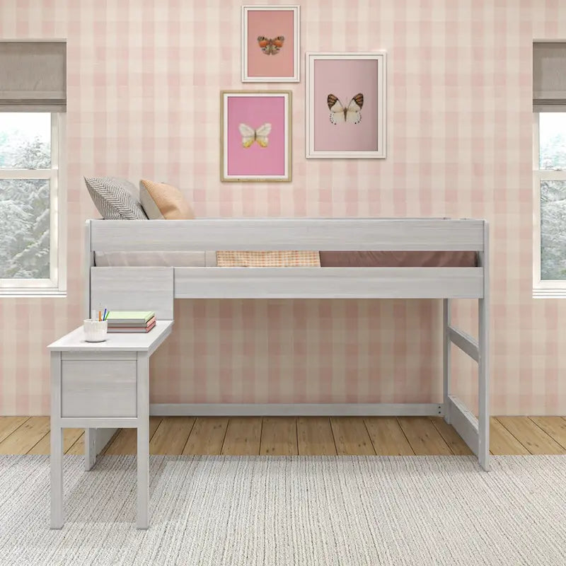 Modern Farmhouse Twin Low Loft Bed with Hook-On Desk – Solid Wood, 400 lb Capacity