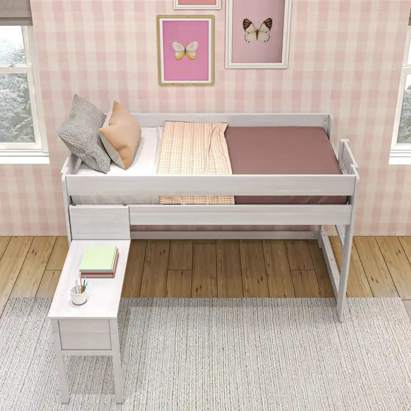 Modern Farmhouse Twin Low Loft Bed with Hook-On Desk – Solid Wood, 400 lb Capacity
