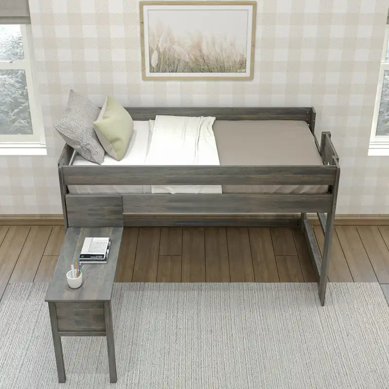 Modern Farmhouse Twin Low Loft Bed with Hook-On Desk – Solid Wood, 400 lb Capacity