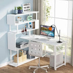 Rotating L Shaped Desk with Storage Bookshelf for Home Office