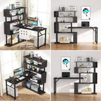Rotating L Shaped Desk with Storage Bookshelf for Home Office