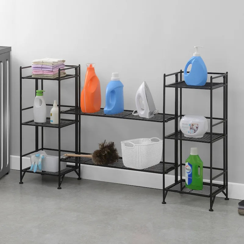 3-Tier Folding Metal Shelves with 2 Deluxe Extension Shelves – 8-Tier Storage Set