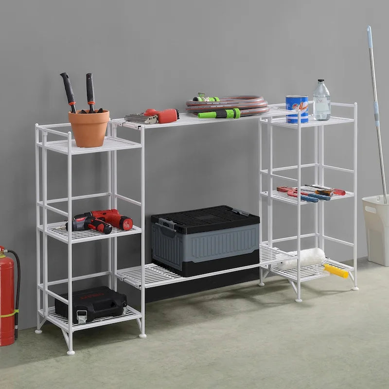 3-Tier Folding Metal Shelves with 2 Deluxe Extension Shelves – 8-Tier Storage Set