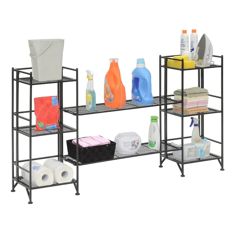 3-Tier Folding Metal Shelves with 2 Deluxe Extension Shelves – 8-Tier Storage Set
