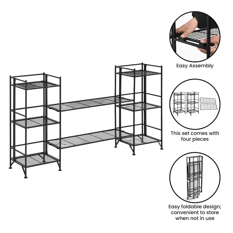 3-Tier Folding Metal Shelves with 2 Deluxe Extension Shelves – 8-Tier Storage Set