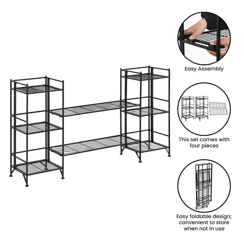 3-Tier Folding Metal Shelves with 2 Deluxe Extension Shelves – 8-Tier Storage Set