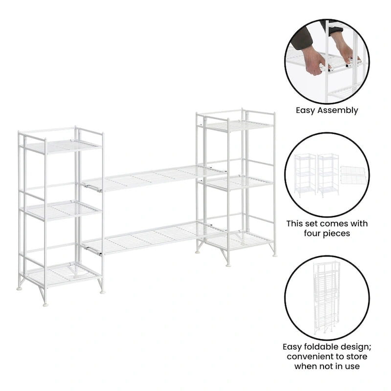 3-Tier Folding Metal Shelves with 2 Deluxe Extension Shelves – 8-Tier Storage Set