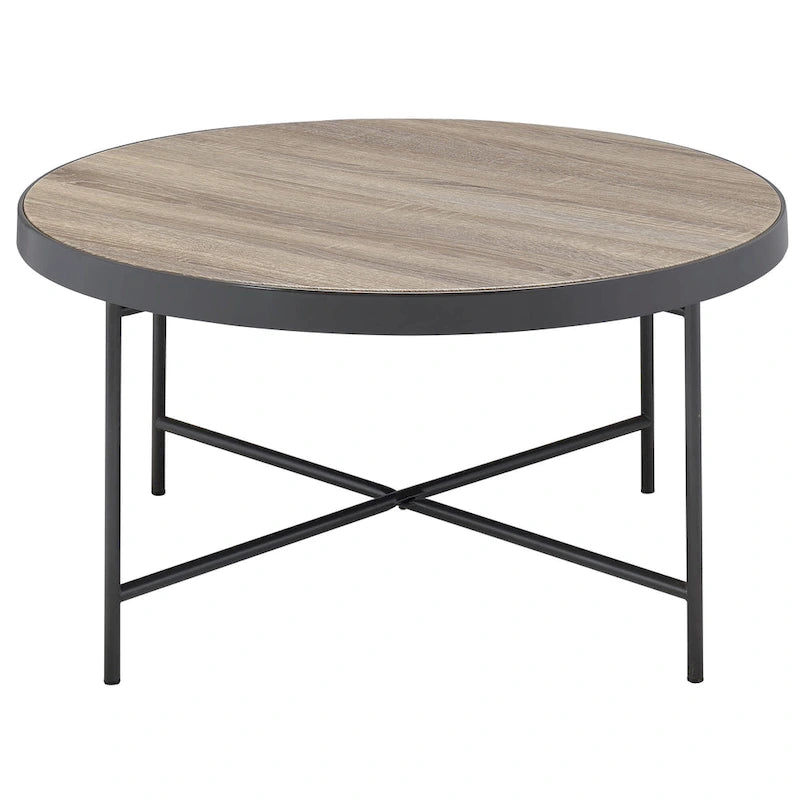 Round Farmhouse-Industrial Coffee Table – Weathered Grey Oak & Black Metal Frame