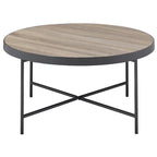 Round Farmhouse-Industrial Coffee Table – Weathered Grey Oak & Black Metal Frame