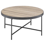 Round Farmhouse-Industrial Coffee Table – Weathered Grey Oak & Black Metal Frame