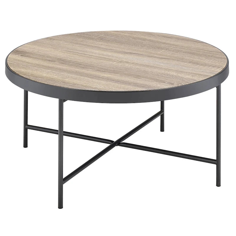 Round Farmhouse-Industrial Coffee Table – Weathered Grey Oak & Black Metal Frame