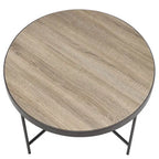 Round Farmhouse-Industrial Coffee Table – Weathered Grey Oak & Black Metal Frame