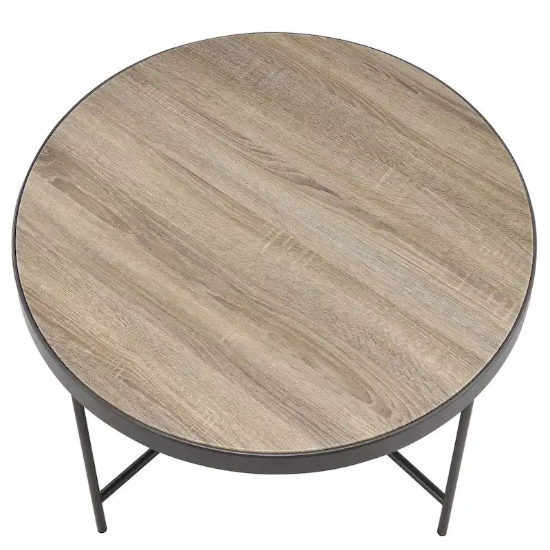Round Farmhouse-Industrial Coffee Table – Weathered Grey Oak & Black Metal Frame