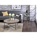 Round Farmhouse-Industrial Coffee Table – Weathered Grey Oak & Black Metal Frame
