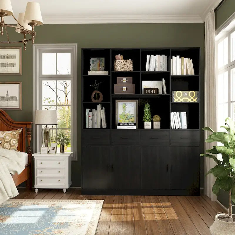 Bookshelf Bookcase with 4 Doors,4 Drawers & Storage Shelve,Black - 78.7H