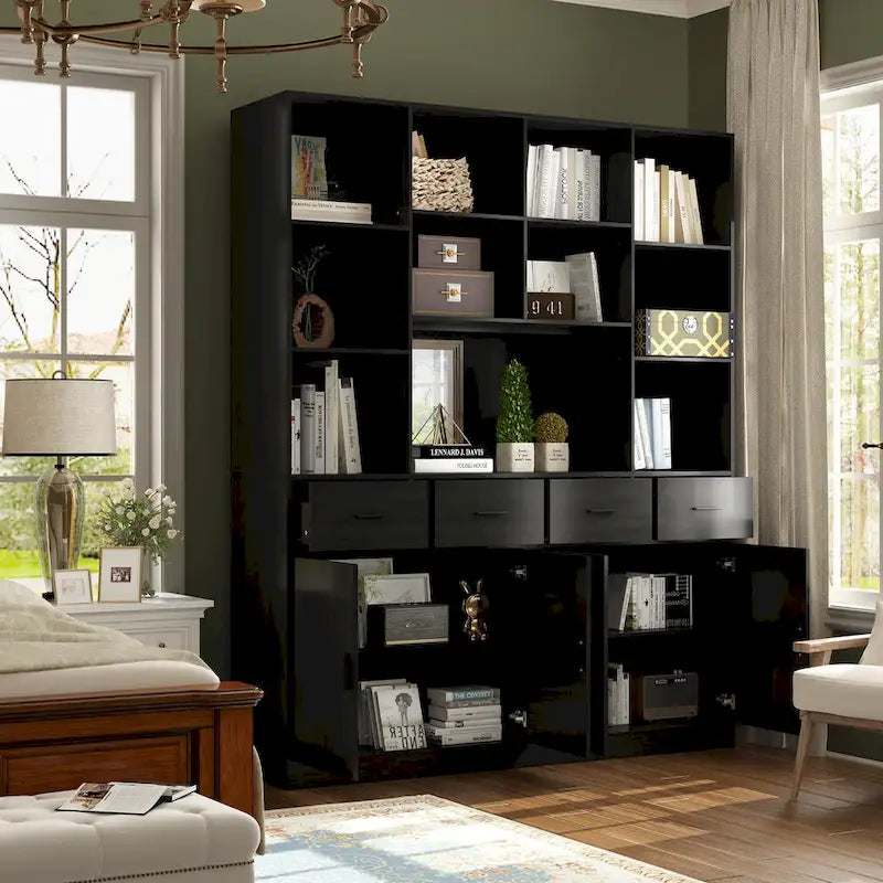 Bookshelf Bookcase with 4 Doors,4 Drawers & Storage Shelve,Black - 78.7H