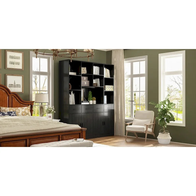 Bookshelf Bookcase with 4 Doors,4 Drawers & Storage Shelve,Black - 78.7H