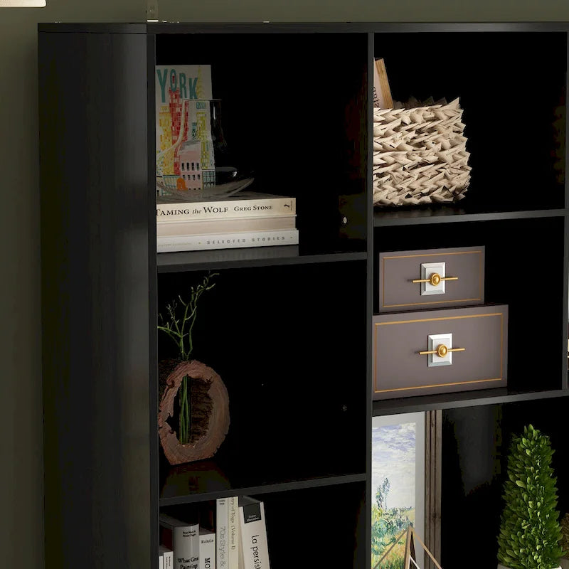 Bookshelf Bookcase with 4 Doors,4 Drawers & Storage Shelve,Black - 78.7H